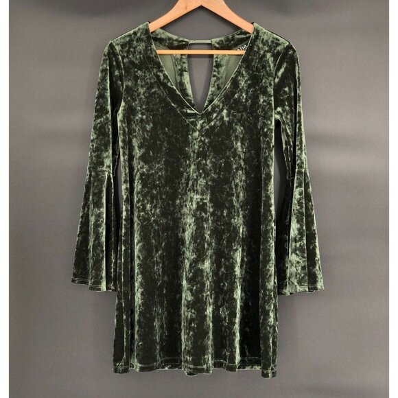 a.n.a. Velour Bell Sleeve Mini Dress XS Green Boho Hippie Fairy Ethereal 70s - Picture 1 of 7